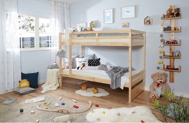 TiCAA Etagenbett Finn aus massivem Kiefer Holz in Natur Braun - Bild 1