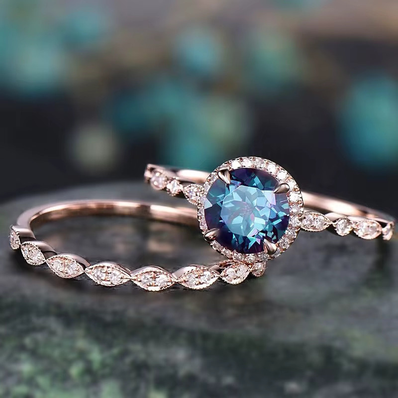 Huitan Ring Set, Roségold, Blau Zirkonia, Damen - Bild 2