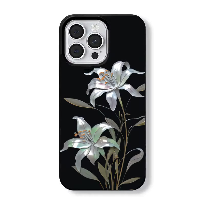 Stoßfeste iPhone Handyhülle mit Ölgemälde Lilie Blumenmuster in Schwarz - Bild 6