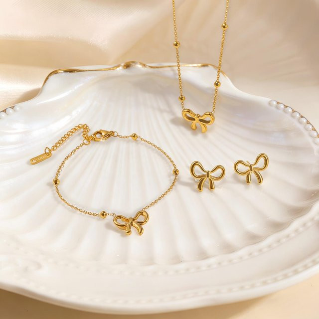Meaeguet Schmuckset Edelstahl, Schleifenmotiv, Perle, Damen - Bild 1