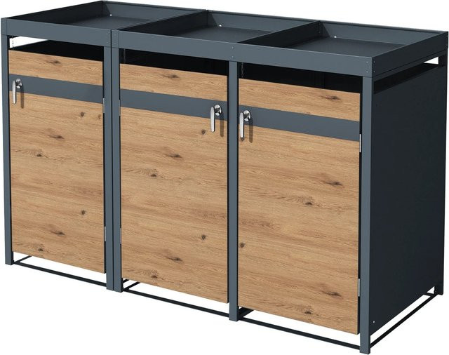 ML-Design Mülltonnenbox mit Pflanzdach für 3 Tonnen aus Stahl in Anthrazit-Eichenoptik, B/T/H: 200 x 80 x 124 cm - Bild 2