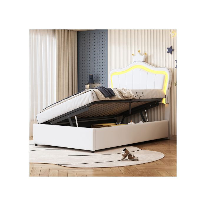 MUVOE Kinderbett mit LED-Beleuchtung und hydraulischem Stauraum aus weißem Kunstleder, B/H: 90 x 203,5 cm - Bild 2