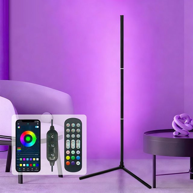 HAGAHA RGBW LED-Stehlampe in Schwarz mit Bluetooth-App, Fernbedienung und Musiksynchronisierung, moderne Eckbeleuchtung für Wohnzimmer und Schlafzimmer, Höhe: 122 cm - Bild 1
