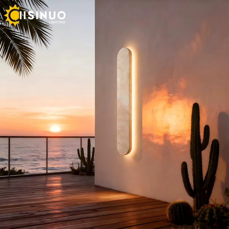 IISINUO LED Wandleuchte aus gelbem Travertin-Naturstein im Wabi-Sabi-Stil, wasserdichte lineare Außenlampe in Beige und Gelb für Garten und Außenbereich - Bild 2