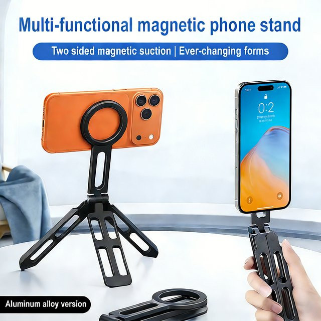 Ojeleye Magnetisches faltbares Handy-Stativ aus Legierung für MagSafe in Schwarz – Smartphone-Halterung und Reise-Selfie-Stick für iPhone 17, 16, 15 Pro Max - Bild 1