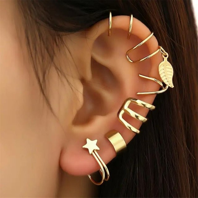 5-teiliges Ohrring-Set, Blatt Doppel-Stecker, Ohrklemme, Gold, Damen, brown - Bild 1