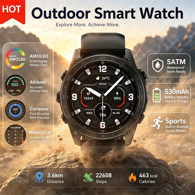 Yaocx Smartwatch mit 1,43 Zoll AMOLED-Bildschirm, 5ATM wasserdicht, mit Telefonfunktion, Kompass, Höhenmesser und LED-Taschenlampe in Schwarz oder Grün - Bild 1