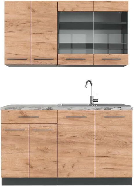 Vicco Fame-Line Singleküche Goldkraft Eiche/Anthrazit mit Marmor-Optik, Breite: 140 cm - Bild 1