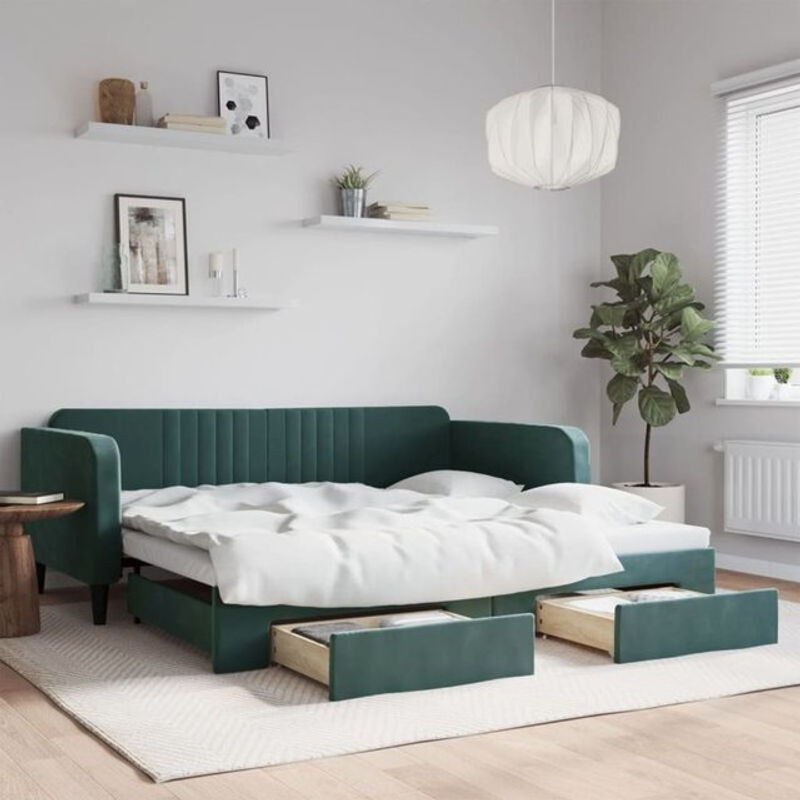 Ausziehbares Funktionsbett vidaxl mit Schubladen aus Samt und Metall in Grün, B/T/H: 100 x 200 cm - Bild 1