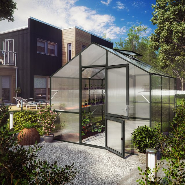 KGT Gewächshaus Lilie III in Anthrazit-Grau mit 9,6 m² Fläche, Aluminiumrahmen und Polycarbonat-Verglasung - Bild 1