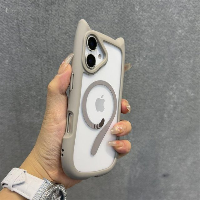 Yiran Bag MagSafe Handyhülle mit Katzenohren und Handgelenkschlaufe für iPhone 11 bis iPhone 16 Pro Max, Transparentes Armor Cover aus PC und TPU - Bild 1
