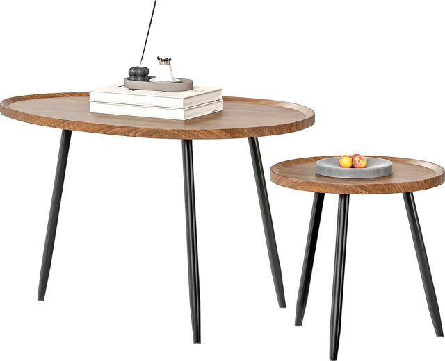 HOMCOM Set aus 2 stapelbaren Nesttischen in Holzoptik und Schwarz mit Metallgestell, B/T/H: 80 x 55 x 49 cm und Durchmesser: 40 x 39 cm - Bild 1