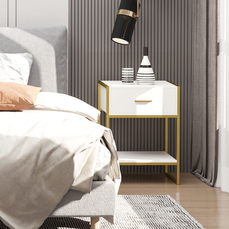 HOMCOM Nachttisch 2er Set in Weiß und Gold mit Schublade und offenem Regal, Beistelltisch aus Stahlrahmen für Schlafzimmer und Wohnzimmer, B/T/H: 45 x 40 x 60 cm - Bild 2