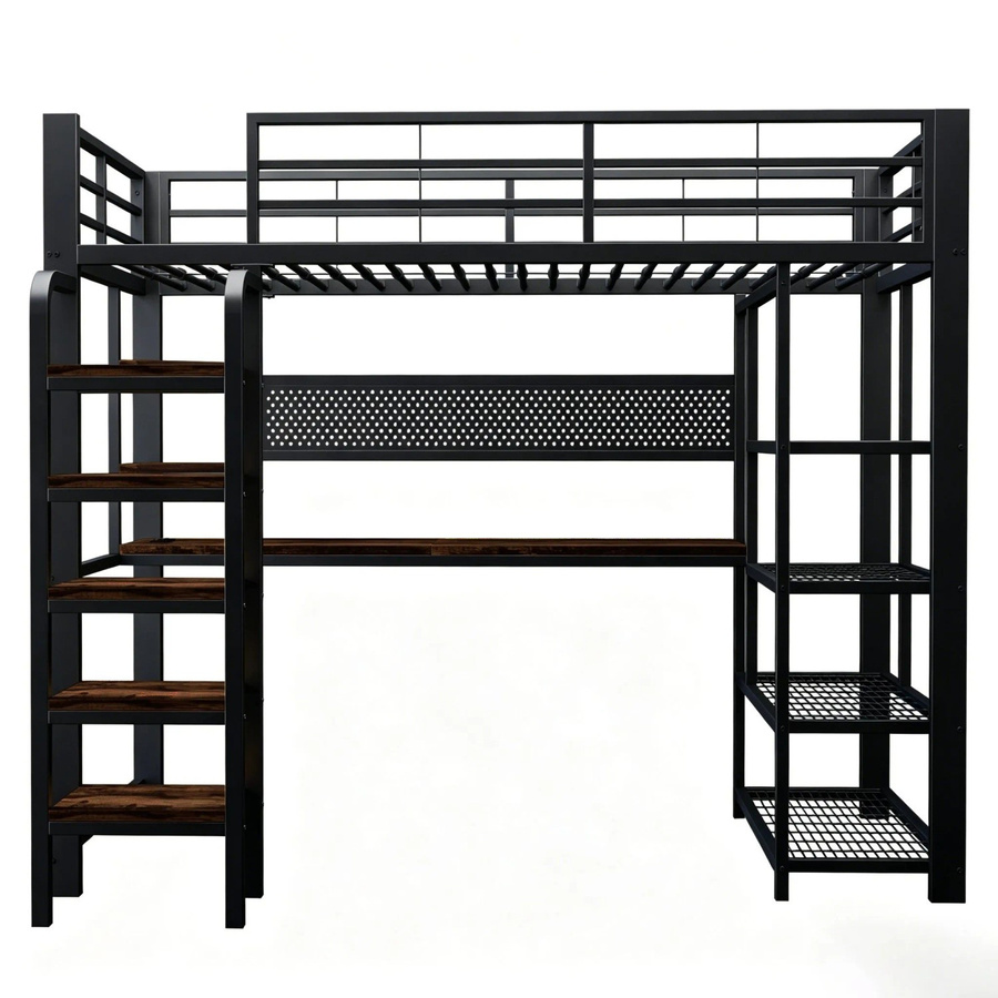 Merax Hochbett mit Schreibtisch und LED-Beleuchtung in Schwarz, B/T/H: 205,4 x 90 x 172,5 cm - Bild 2