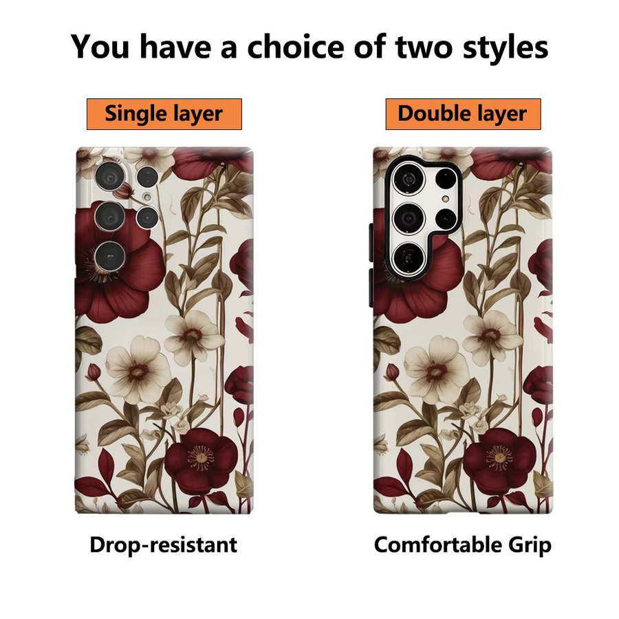 Burgunderrote florale Handyhülle mit glänzender doppellagiger Rückseite für Samsung Galaxy S25 Ultra, S24 und S23 Ultra Plus - Bild 2