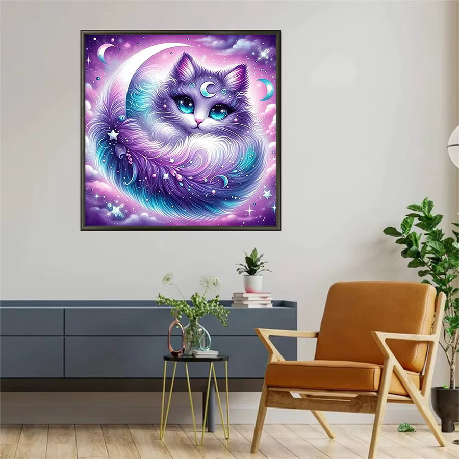 EverShine 5D Diamantmalerei Katze am Mond DIY Stickerei Set mit Rund- und Quadratbohrern, Mehrfarbig, B/H: 20 x 20 cm - Bild 3