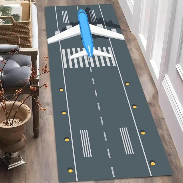 Lodestar Kinderspielmatte mit 3D-Rennstrecke und Flugzeugstartbahn-Design, Grau, B/T: 120 x 40 cm - Bild 1