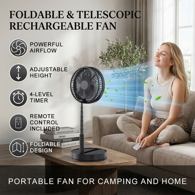 LIPETY Faltbarer Tischventilator mit Fernbedienung und Teleskopstange, Schwarz, Höhe: 100 cm, USB-aufladbar und tragbar - Bild 1