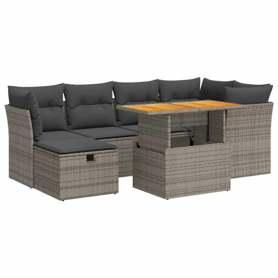 vidaXL 7-tlg Garten-Sofagarnitur in L-Form mit Kissen und Couchtisch, Grau, Poly Rattan und Akazie - Bild 2