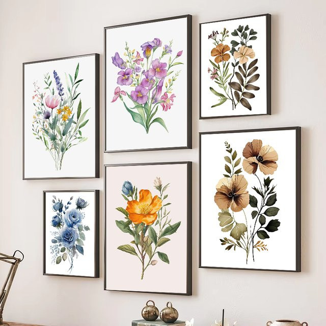 Boho Wildflower Aquarell Wandkunst Cuadr mit Blumen und Blättern als minimalistischer Leinwanddruck in Multicolour - Bild 1