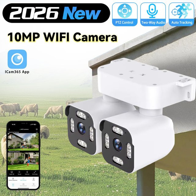 ICam365 5K 10MP WLAN IP-Kamera für Außenbereich in Weiß mit Doppellinse, Doppelbildschirm, Menschenerkennung und Audio zur CCTV-Überwachung - Bild 1