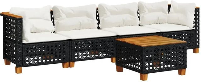 vidaXL 5-teilige Garten-Sofagarnitur mit Kissen aus Poly-Rattan und Akazienholz in Schwarz - Bild 1
