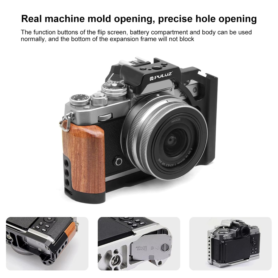 PULUZ Kamerakäfig aus Metall mit Holzgriff für Nikon ZFC in Schwarz und Braun mit 1/4 Zoll und 3/8 Zoll Schraube sowie Arri Positionellem Loch und Kaltschuh-Stabilisator-Rig - Bild 5