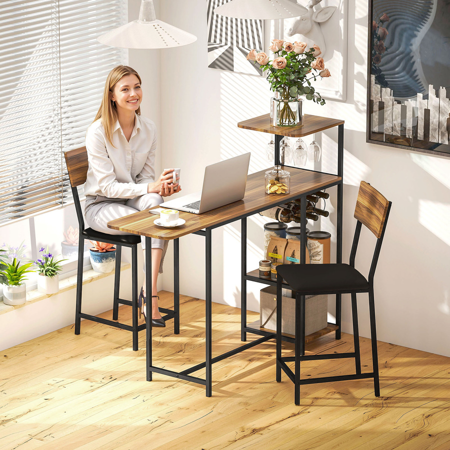 HOMCOM 3-teiliges Bartisch-Set mit 2 Barhockern in Braun, moderner Klappbartisch mit Weinregal und Weinglashalter, Essgruppe mit Stahlrahmen und Kunstleder für Küche und Esszimmer - Bild 2