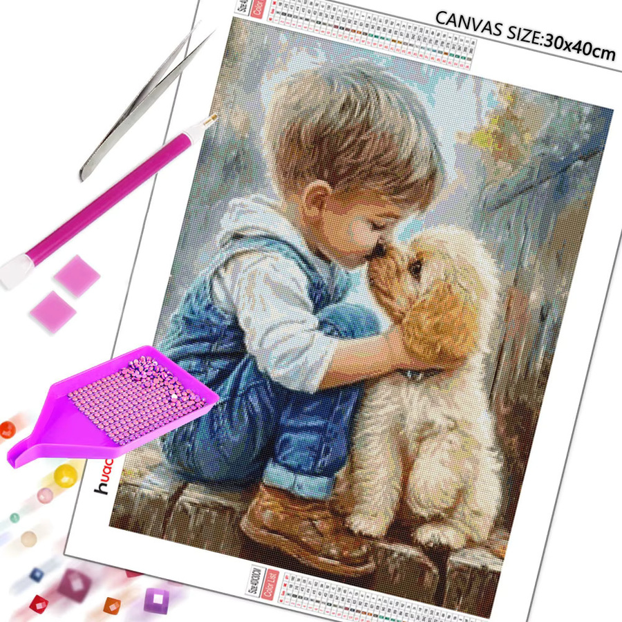Huacan 5D Diamantmalerei Junge Hund DIY Mosaik Porträt mit runden Bohrern in Mehrfarbig - Bild 2