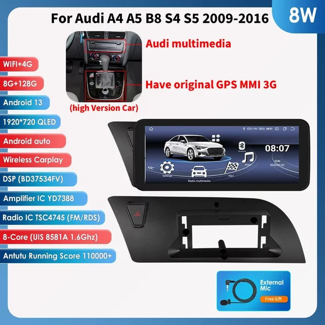 Hizpo Wireless Carplay und Android Auto All-in-One Multimedia Autoradio mit Navigation und GPS für Audi A5 S5 B8 A4 S4 in Schwarz - Bild 1