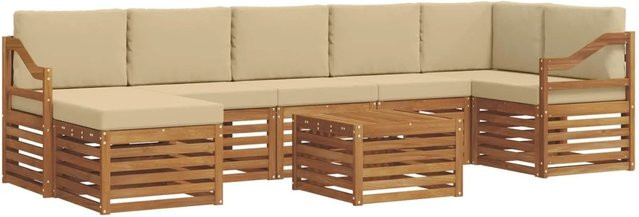vidaXL Sofagarnitur 8-teilig L-Form aus Massivholz Akazie in Natur und Beige mit Polsterung und Kissen - Bild 1