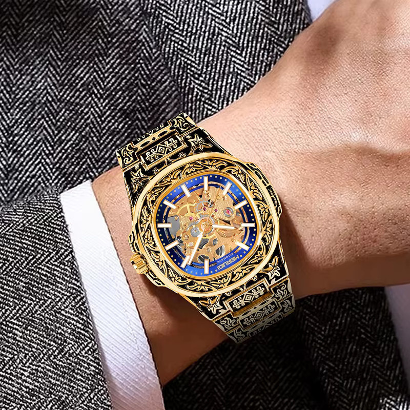 MEIRUIQI Armbanduhr Automatik, Edelstahl, Gold, Blau, Herren - Bild 6