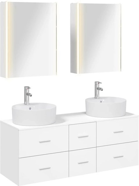 vidaXL Badezimmermöbel-Set 5-teilig in Weiß, modern mit Waschtischunterschrank, Spiegelschrank, LED-Beleuchtung und Glasfronten - Bild 1