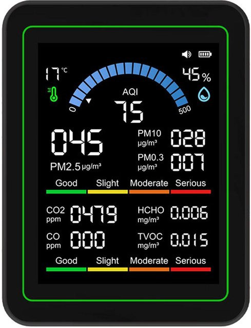 Koogeelife 10-in-1 Luftqualitätsprüfer Tragbarer Luftdetektor für CO2, TVOC, HCHO, PM2.5, PM10 und PM0.3 in Schwarz und Grau - Bild 1