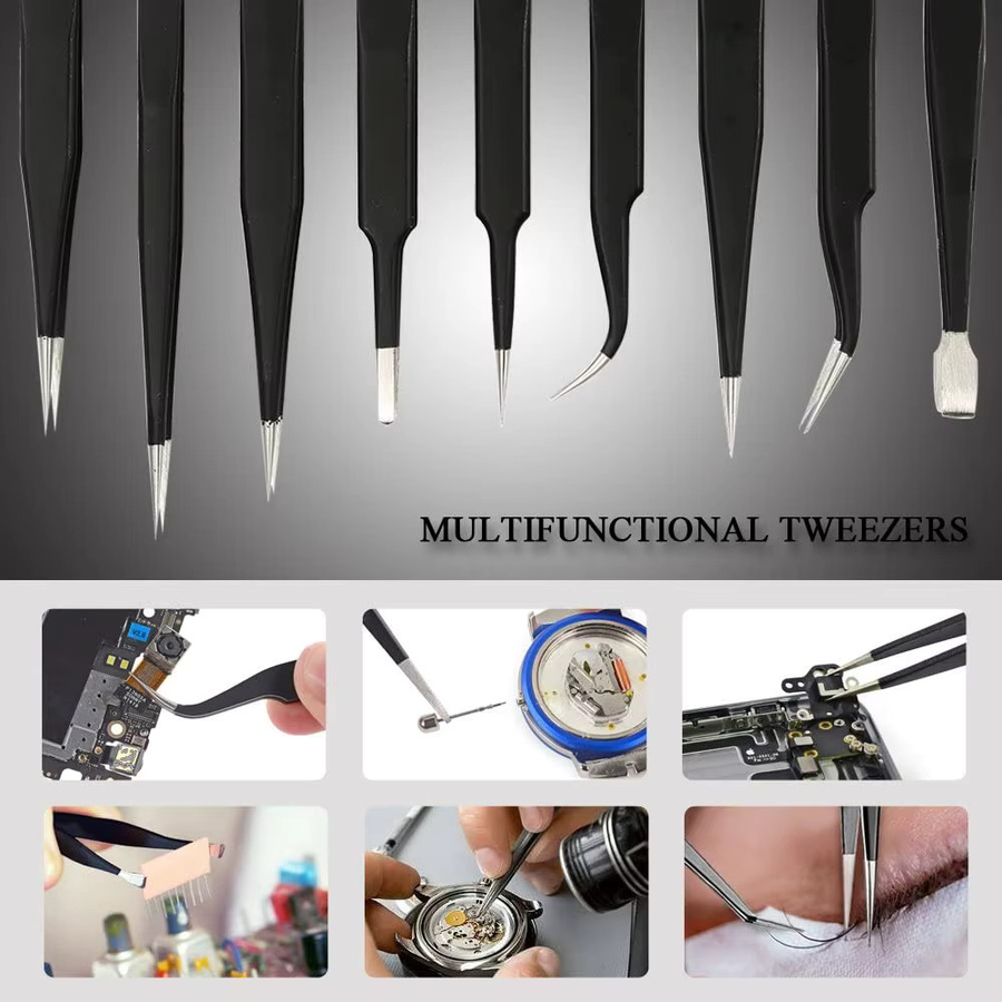 Binoax ESD-Edelstahl-Pinzetten Set, antistatische Präzisions-Reparaturwerkzeuge aus Edelstahl für Elektronik, Löten und Basteln, 6/10 Stück - Bild 3