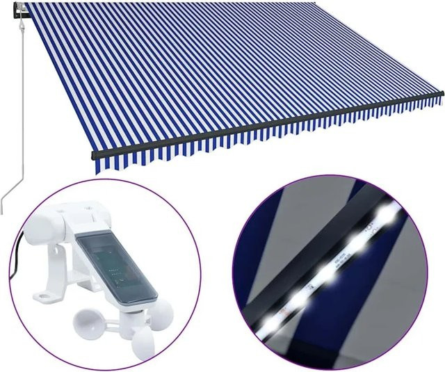 vidaXL Markise mit Windsensor und LED in Blau und Weiß, B: 500 cm, T: 300 cm - Bild 1