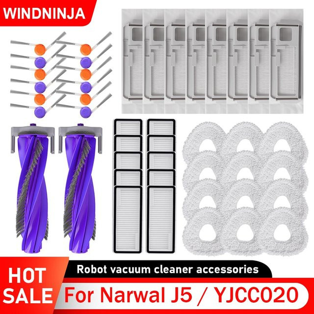 WINDNINJA Ersatzteil-Set für Narwal J5 YJCC020 mit HEPA-Filter, Wischmopp, Staubbeutel, Hauptbürste und Seitenbürste in Weiß - Bild 1