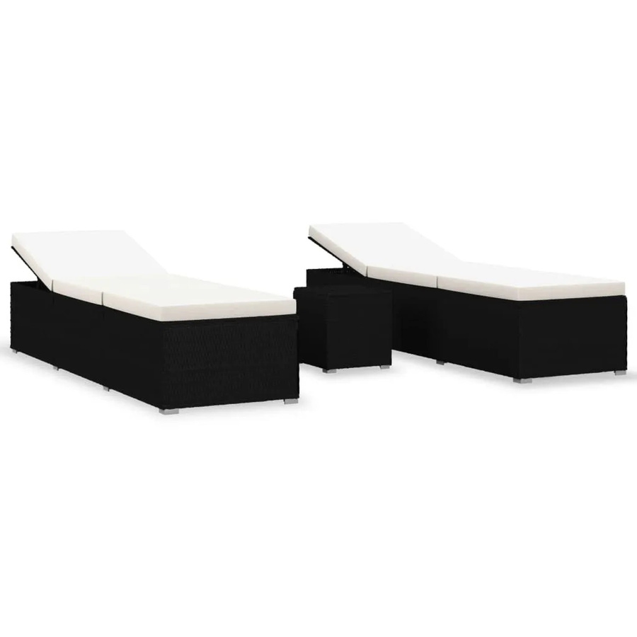 Furnicato 3-tlg Garten-Sonnenliegen Set mit Teetisch aus PE-Rattan in Schwarz mit wetterfesten Polstern, Sonnenliegen B/T/H: 195 x 60 x 31 cm und Teetisch B/T/H: 40 x 40 x 40 cm - Bild 2
