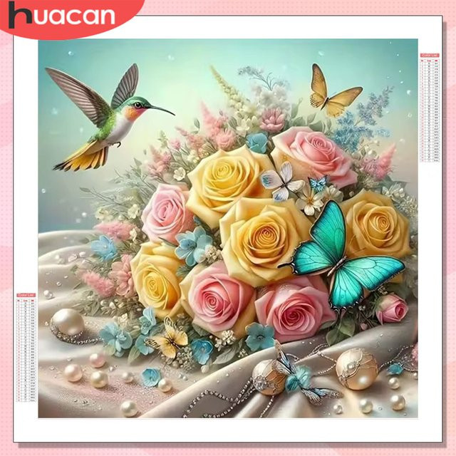 HUACAN 5D DIY Diamantmosaik Set Kolibri und Blumen in Multicolour mit runden Strasssteinen - Bild 1