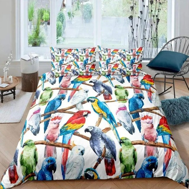 Bettwäsche-Set Your Warm Home mit Papageien- und Palmblatt-Motiv, schwarz-weiß gestreift, Polyester, B/H: 135 x 200 cm - Bild 1