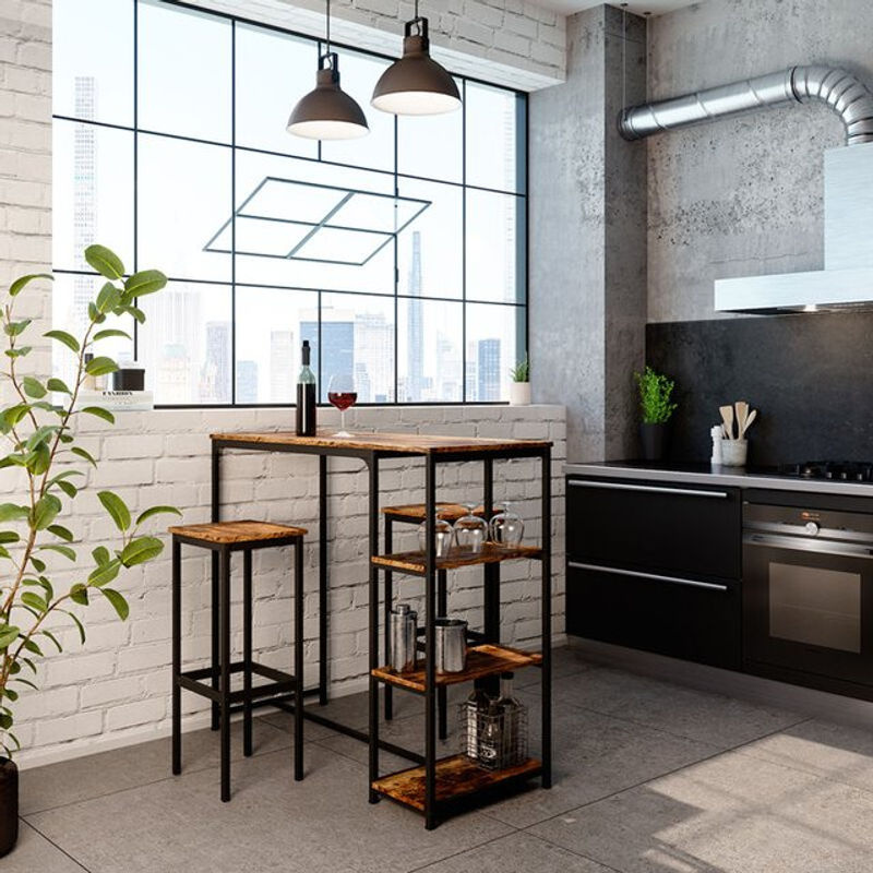 Vicco Bartisch Set Fyrk in Braun mit 2 Barhockern und Stehtisch inklusive 3 Ablagen und Metallgestell - Bild 2