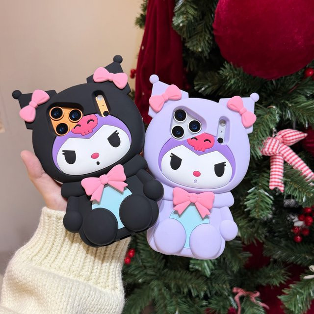 Sanrio Kuromi Handyhülle mit 3D Cartoon Design und Beinhalterung für iPhone, Schwarz - Bild 1