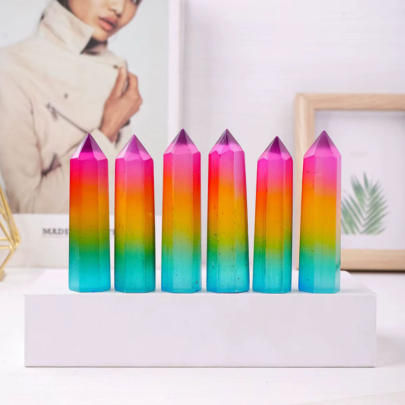 Runyangshi Selenit Kristall Turm in sechseckiger Prisma-Form, mehrfarbig, geometrisches Naturstein-Dekorobjekt - Bild 5