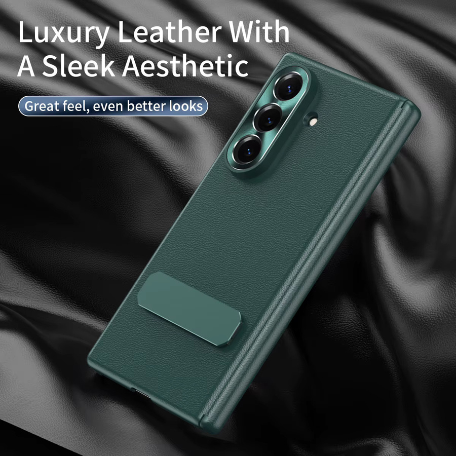 Stoßfeste Leder-Handyhülle mit Halterung für Samsung Galaxy Z Fold 7, 6, 5 und 4 5G in Grau oder Grün - Bild 3