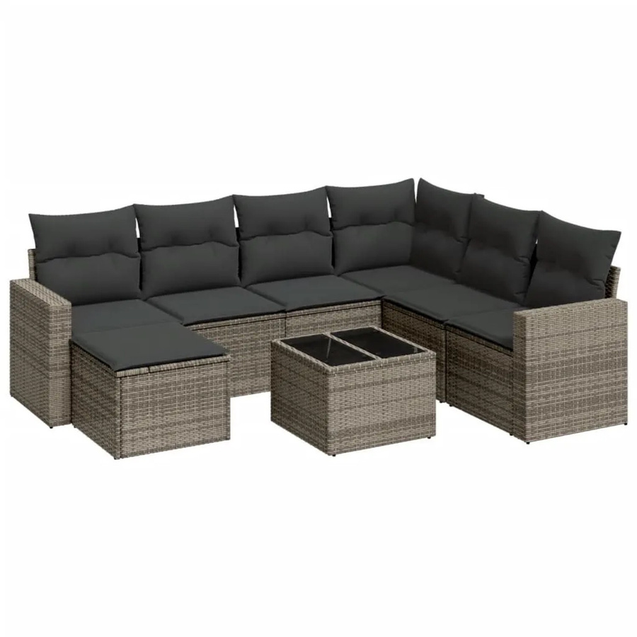 vidaXL 8-teilige Garten-Sofagarnitur in L-Form mit Kissen und Couchtisch, Grau, Poly-Rattan und Metallrahmen - Bild 2
