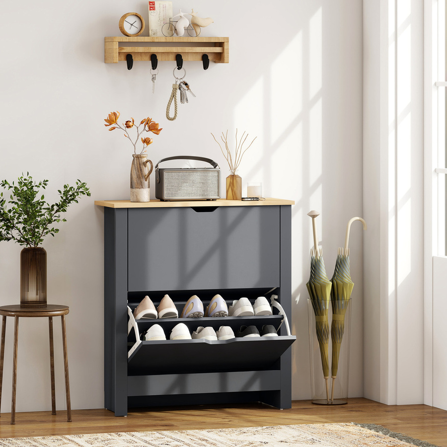 HOMCOM Schuhschrank mit 2 Klappen in Dunkelgrau, schmaler Schuhkipper mit verstellbaren Trennwänden für 12 Paar Schuhe, B/T/H: 72 x 26 x 80 cm - Bild 2