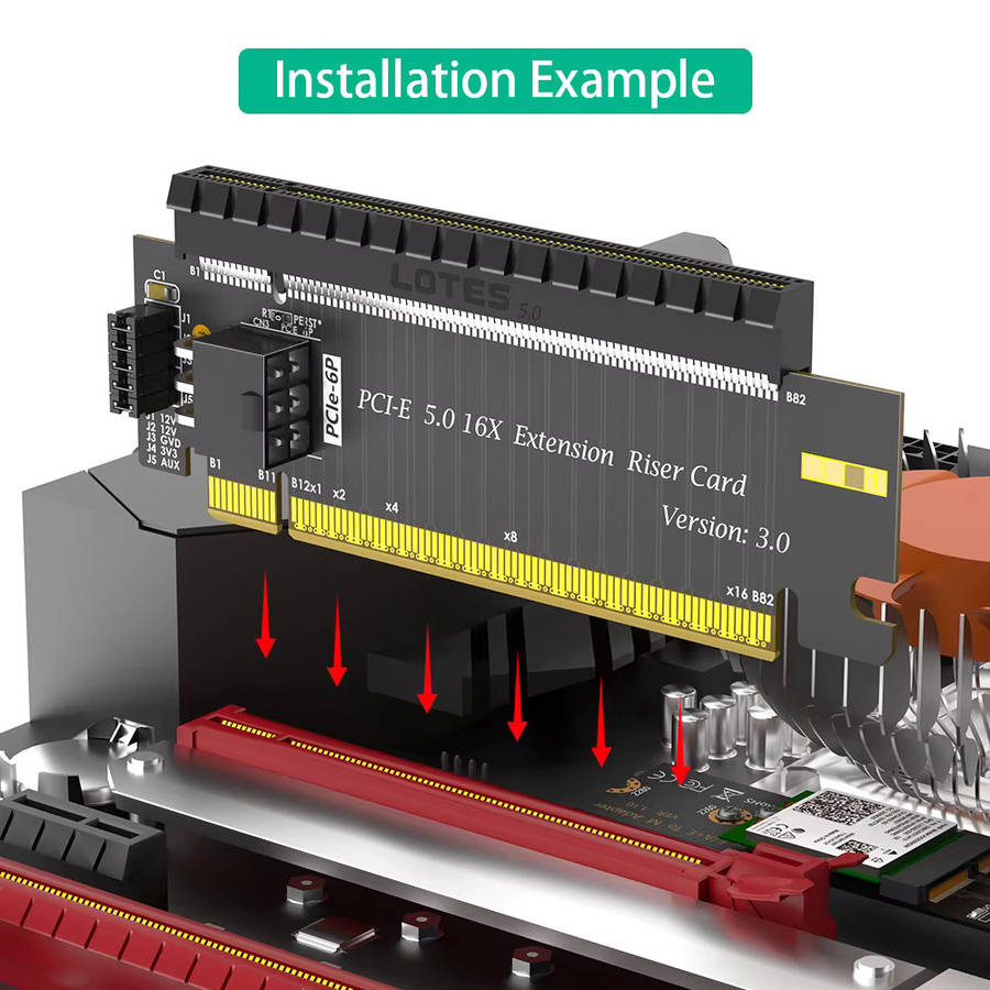 T.F.SKYWINDINTL PCI-E 5.0 16X auf X16 180-Grad-Adapter in Schwarz mit ATX 6-Pin-Stromanschluss für GPU-Karten, kompatibel mit PCI-e 4.0 und 3.0 - Bild 4