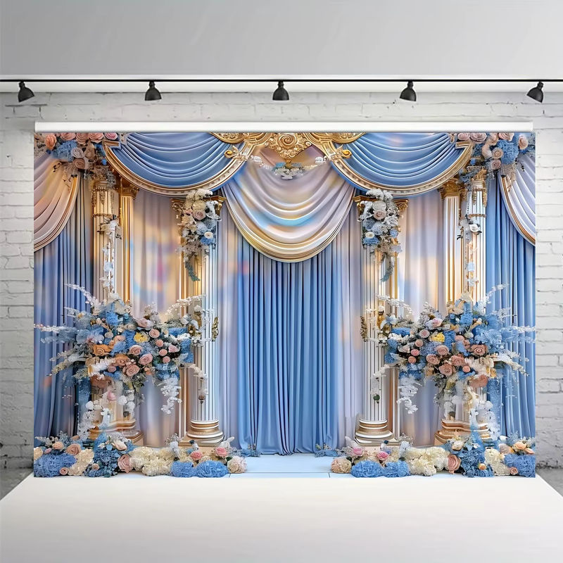 VIKAMA Hochzeits-Hintergrunddekoration aus Textil mit floralem Design in Mehrfarbig und Blau, B/H: 300 x 150 cm - Bild 3