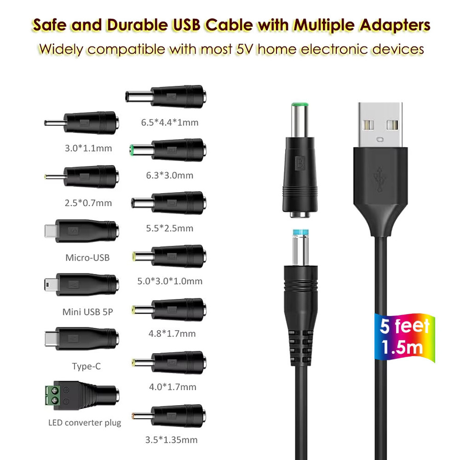 Universelles USB-C-Ladekabel mit 5,5 x 2,1 mm DC-Buchse und 13 DC-Steckeradaptern, 1,5 m Länge, Schwarz - Bild 4