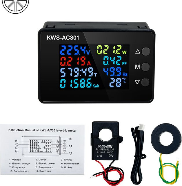 KWS-AC301 Wattmeter Leistungsmesser mit LED-Anzeige, AC Voltmeter und Leistungsanalysator für 50-300V, Schwarz - Bild 1